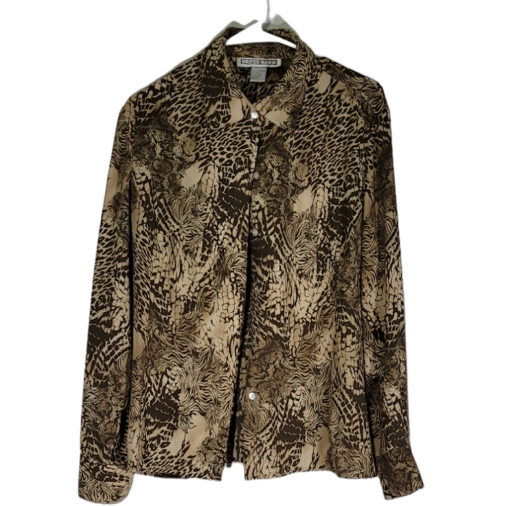 Dress Barn- Button down shirt.  Tan animal print. Plus size 14.